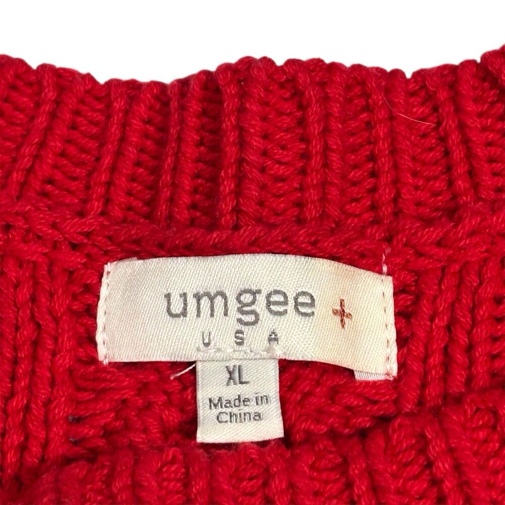 Umgee Cable Knit Sweater XL Red Dropped Shoulders Frayed Tassel Hem Fisherman - Picture 10 of 11